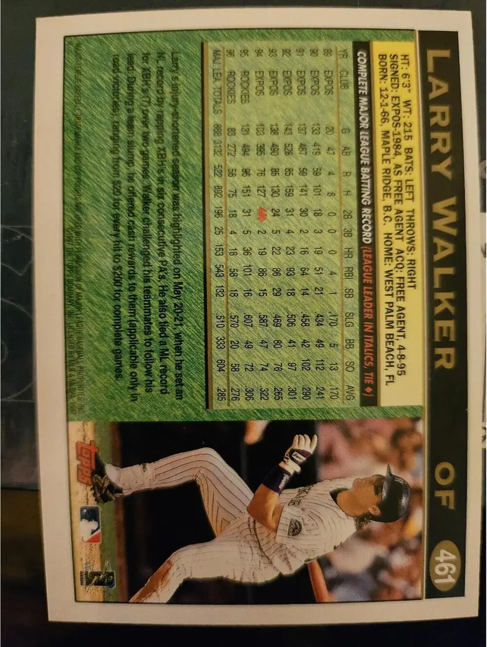 Larry Walker - HOF - 1997 Topps #461 - Rockies - RAW mint - Picture 2 of 2